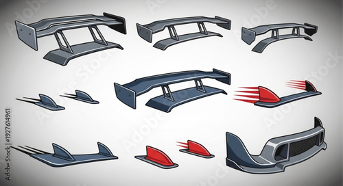 Collection of various car spoilers and aerodynamic components displayed.
