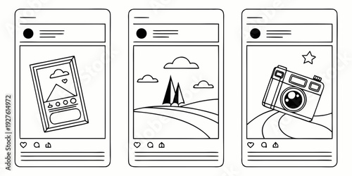 Three different screenshots of a mobile application displaying various features and functionalities. Vector