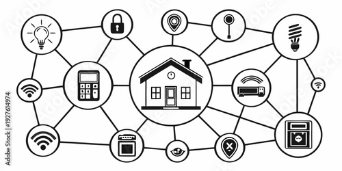Illustration of a smart home system with various interconnected devices and features Vector