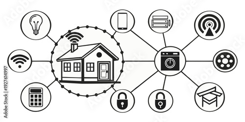 Illustration of various smart home devices connected to a central hub Vector