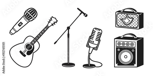 A collection of musical instruments and equipment including a guitar, microphone, and speakers. Vector