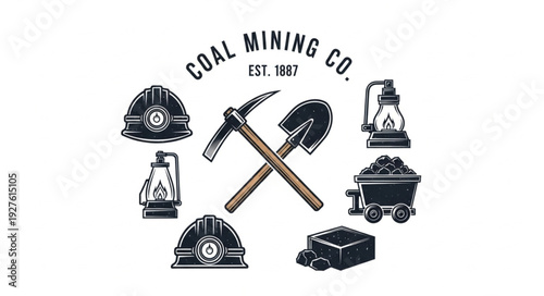Vintage Coal Mining Company Emblem with Mining Tools and Equipment.