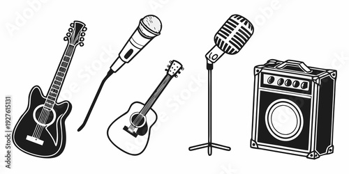 A collection of musical instruments and equipment on a white background Vector