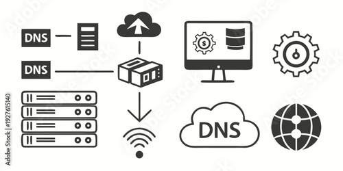 Illustration of a network infrastructure with servers, cloud, and security elements. Vector