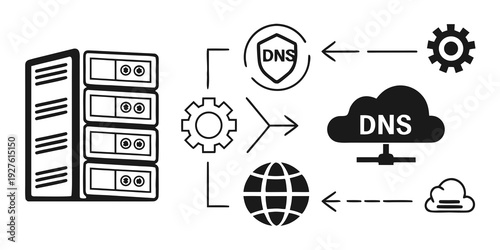 Illustration of a server connecting to a domain name system and the internet Vector