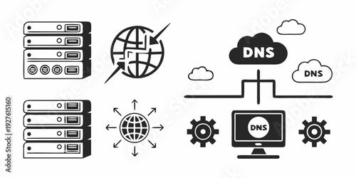 Illustration of network infrastructure with servers, routers, and dns services Vector