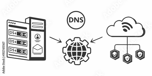 Illustration of a server connecting to a dns server and cloud storage Vector