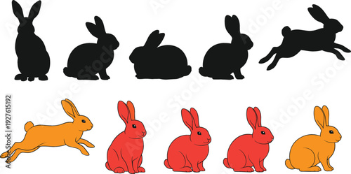 Cute Rabbit Silhouette and Color Illustration Set Showing Different Bunny Poses, Easter Animal Character Collection in Flat Cartoon Vector Style