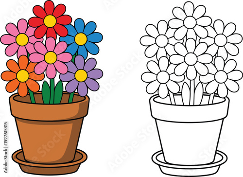 Colorful flower pot cartoon and coloring page with multiple flowers, cute kids educational drawing activity illustration isolated on white background for coloring book