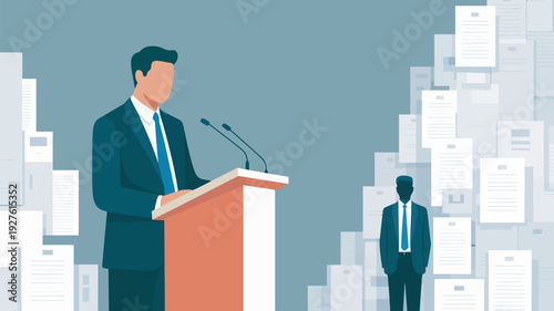 A businessman giving a speech at a podium with another man standing in the background amidst a sea of paperwork
