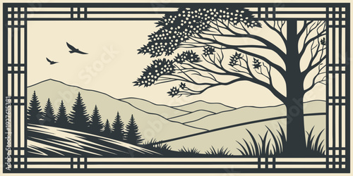 A serene winter landscape with a winding river and a distant mountain range Vector