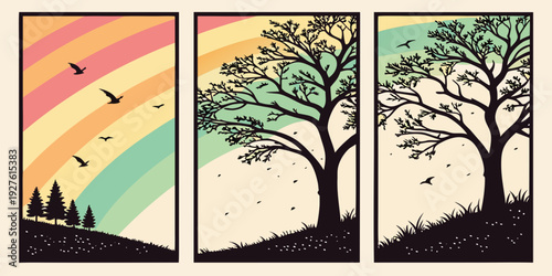 A serene landscape with three panels depicting a tree, a sunset, and a full moon. Vector