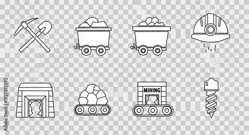 Mining equipment illustration depicting various tools and machinery used in the industry.