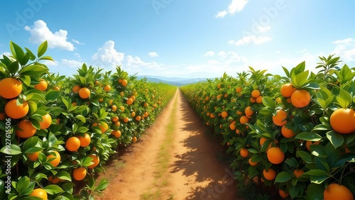 Rows of orange trees heavy with ripe fruit in a sunny orchard
