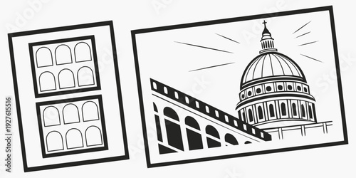 A collage featuring a smartphone displaying a building and a capitol building. Vector