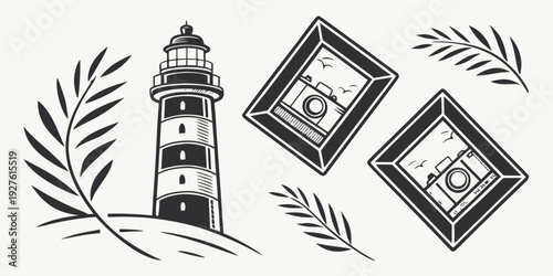 A serene lighthouse with palm trees and geometric patterns in the background Vector