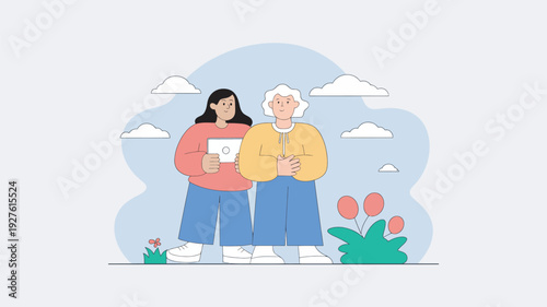 A young woman and an elderly woman standing together in a peaceful outdoor setting with flowers and clouds