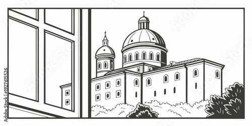 A picturesque view of a historic church with a dome and spire Vector