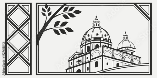 A serene view of a historic cathedral surrounded by lush trees and framed by a decorative border. Vector