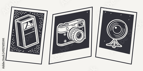 Three black and white photographs displayed on a white background Vector