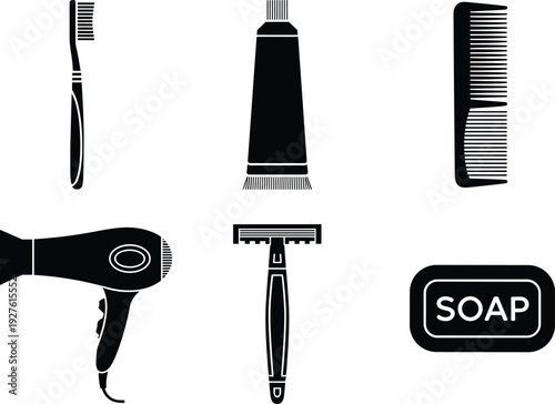 Black silhouette personal care icons featuring toothbrush, toothpaste, comb, hair dryer, razor, and soap bar for bathroom hygiene and grooming vector
