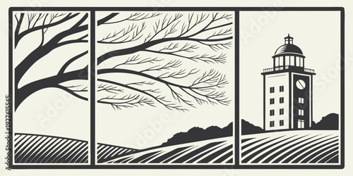 A serene landscape featuring a tree, a full moon, and a lighthouse by the sea Vector