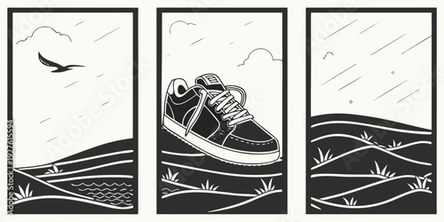 A series of three images depicting a bird flying over a calm sea and a swimmer in the water. Vector