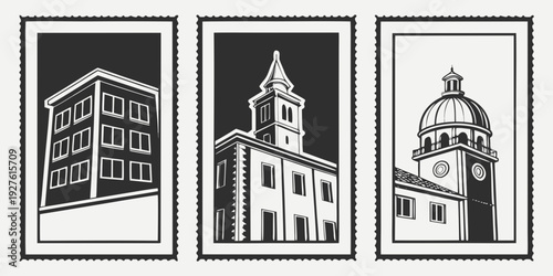 Three distinct buildings showcasing different architectural styles and purposes Vector