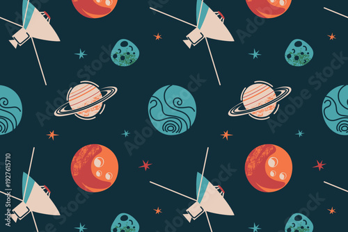 Seamless pattern with retro space theme. Planets, asteroids, probe in cartoon style. Flat vector illustration for cosmic design, vintage sci-fi projects, textile prints, wallpaper, children book
