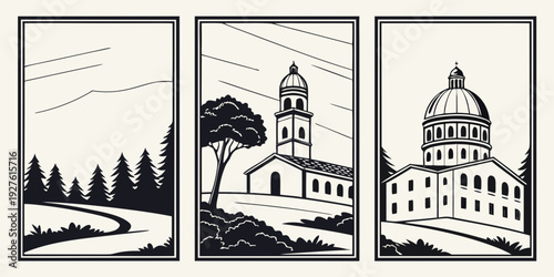 A picturesque journey through serene landscapes and historic architecture. Vector