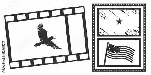 A bird in flight captured in a film strip and a clock with a bird silhouette Vector