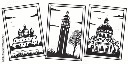 Three black and white drawings of famous landmarks from different countries Vector