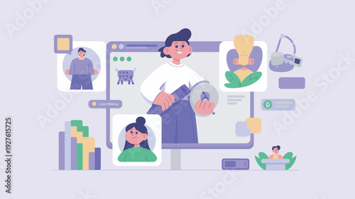 A cartoon woman interacts with a large computer screen surrounded by various digital elements and icons.