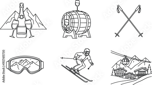 Winter ski resort icons set with skier, goggles, cable car, alpine village, wine barrel, and champagne, cad drawing flat vector illustration.