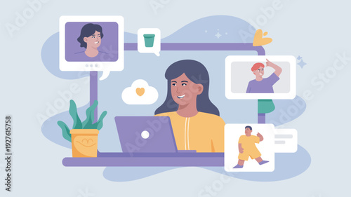 A woman is working on her laptop with video calls to multiple people