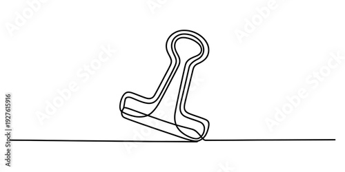 Continuous line drawing of a metal binder clip for office and school supplies. Vector, illustration