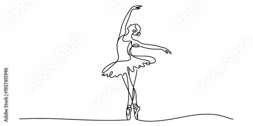 A minimalist continuous line drawing of a graceful ballerina dancing in a classic tutu. Vector, illustration