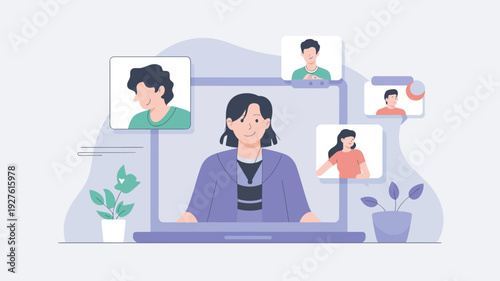 A woman participates in a virtual meeting with multiple people on her laptop screen.