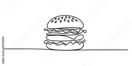 Simple black and white line drawing of a delicious hamburger with sesame seeds on bun. Vector, illustration