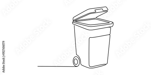 Continuous line drawing of a garbage bin with wheels and an open lid on white background. Vector, illustration
