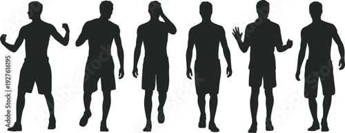 Male walking and standing silhouettes collection vector illustration, casual man poses isolated black design set