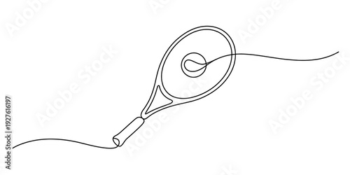 Minimalist continuous line drawing of a professional tennis racket and ball for sports concepts Vector, illustration