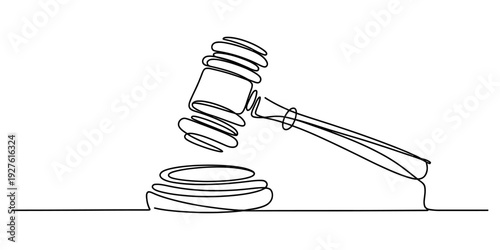 Continuous one line drawing of a judge gavel and sound block symbolizing justice and law. Vector, illustration