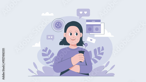A cartoon woman holding a flower with social media icons and leaves in the background