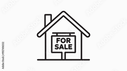 A simple line drawing of a house with a for sale sign in front of it