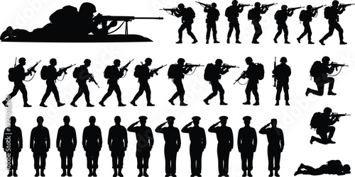 Army soldiers silhouette collection with combat poses, marching troops and saluting officers black vector illustration set