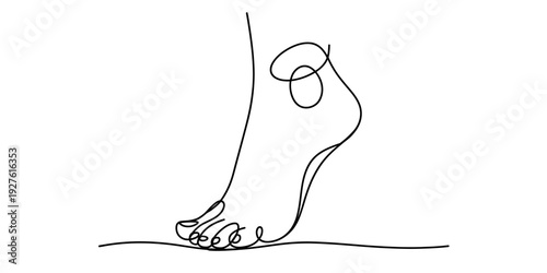 Continuous line drawing of a human foot on a flat surface with minimalist aesthetic. Vector, illustration