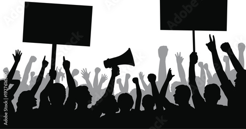 Protest crowd silhouettes with banners and megaphone vector illustration, demonstration rally activism concept design