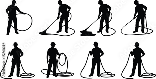 Silhouettes of construction workers using hoses and spray equipment, industrial labor illustration, building site tools and maintenance concept