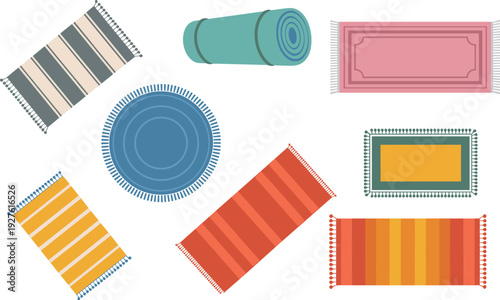 Colorful rug and mat vector set with striped round and rectangular designs, home decor carpet illustration collection for interior design, yoga, and floor decoration